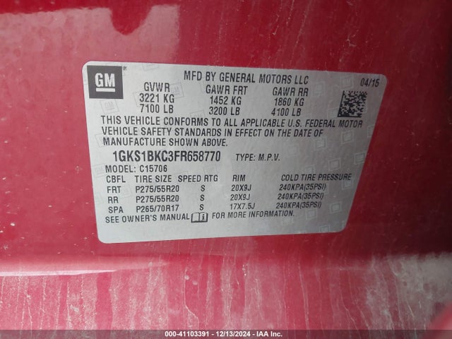 1GKS1BKC3FR658770 GMC YUKON SLT