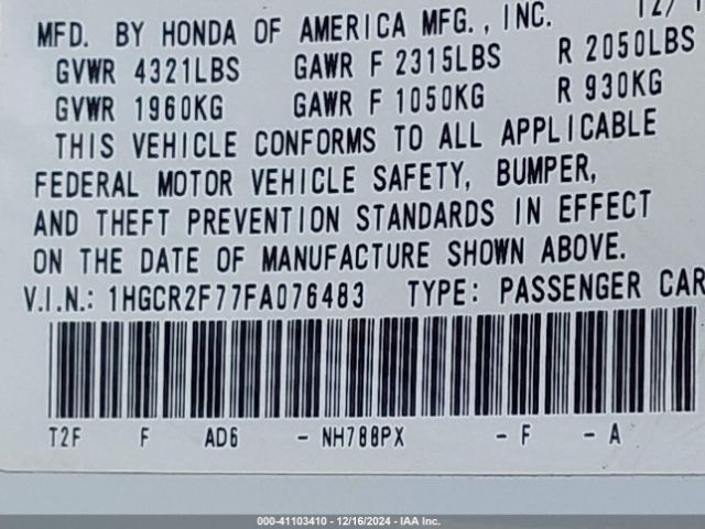 1HGCR2F77FA076483 Honda ACCORD EX