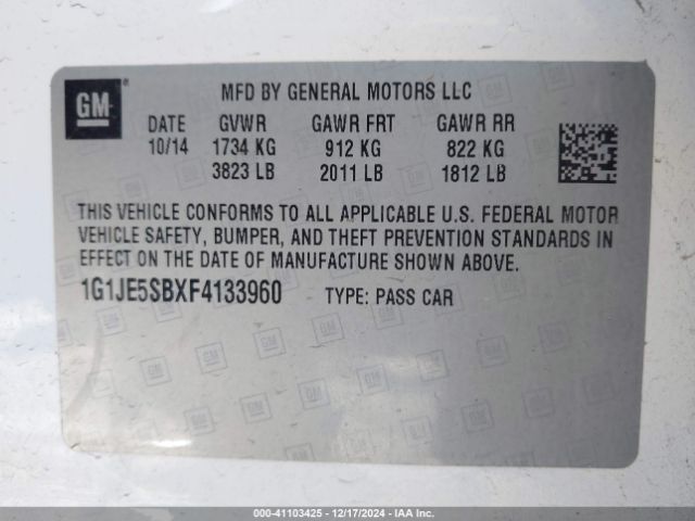 1G1JE5SBXF4133960 Chevrolet Sonic Ltz Auto