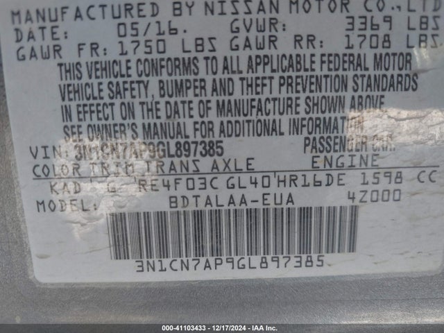 Nissan Versa 1.6 S 2016 3N1CN7AP9GL897385 Image 9