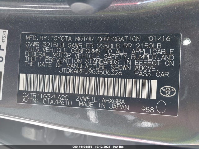 JTDKARFU9G3506326 Toyota 2zr-fxe,1nm