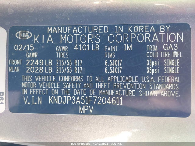 KIA SOUL + 2015 KNDJP3A51F7204611 Image 9