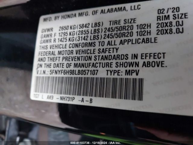 5FNYF6H98LB057107 Honda Pilot Awd Touring 8 Passenger