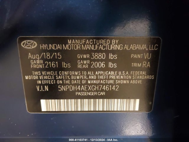 5NPDH4AEXGH746142 Hyundai ELANTRA SE