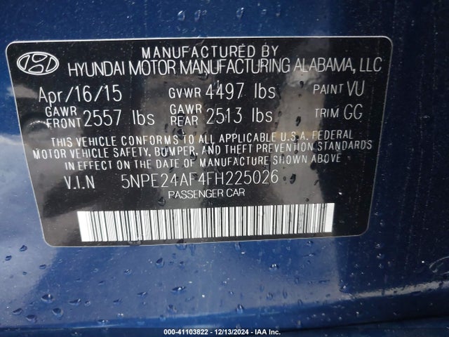 Hyundai SONATA SE 2015 5NPE24AF4FH225026 Image 9