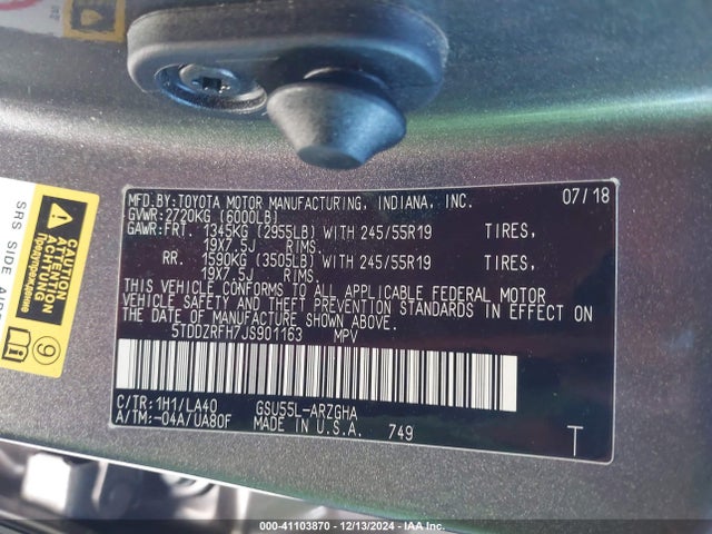 Toyota Highlander Limited Platinum 2018 5TDDZRFH7JS901163 Image 9