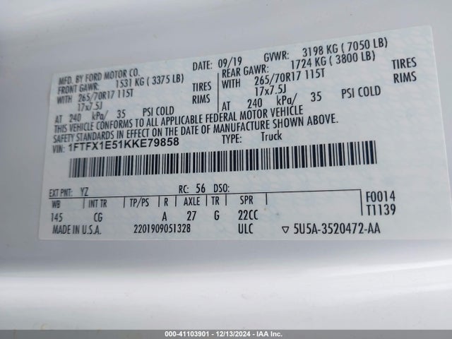 Ford F-150 Xl 2019 1FTFX1E51KKE79858 Image 9