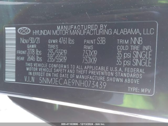 5NMJECAE9NH073439 Hyundai Tucson Limited