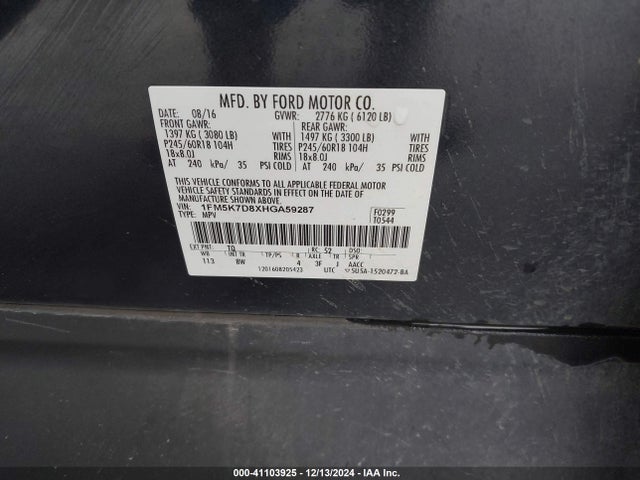 1FM5K7D8XHGA59287 Ford EXPLORER XLT