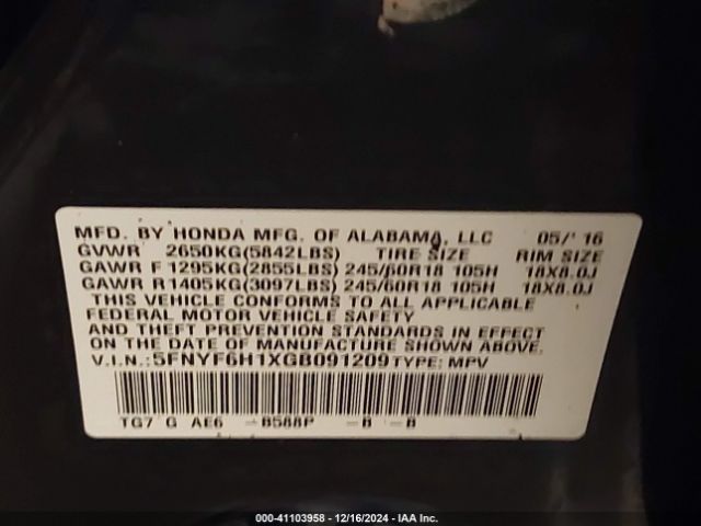 5FNYF6H1XGB091209 Honda PILOT LX