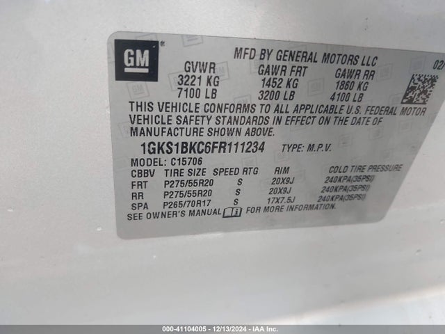 1GKS1BKC6FR111234 GMC YUKON SLT