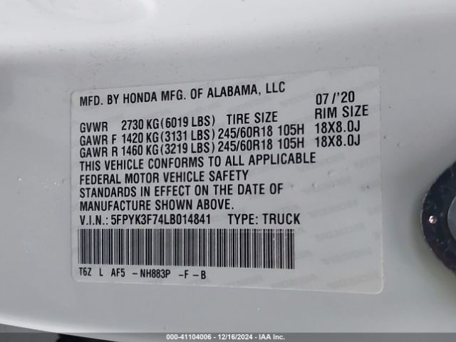 5FPYK3F74LB014841 Honda Ridgeline Rtl-e