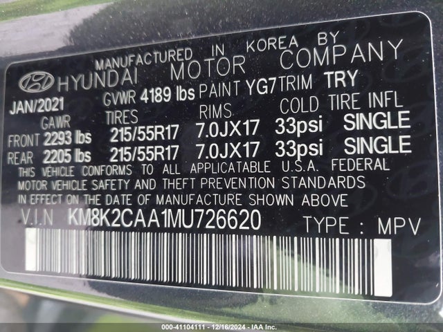 KM8K2CAA1MU726620 Hyundai Kona Sel