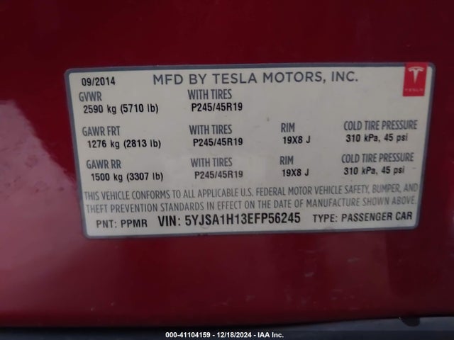 2014 TESLA MODEL S 5YJSA1H13EFP56245 Photo 8