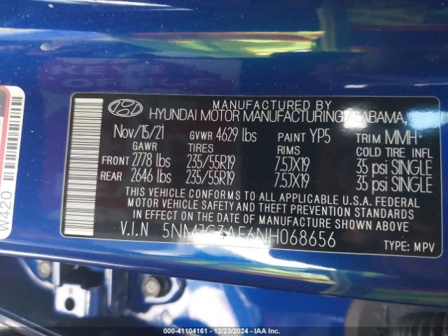 5NMJC3AE6NH068656 Hyundai TUCSON SEL
