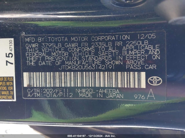 41104197 :رقم المزاد ، JTDKB20U563142191 vin ، 2006 Toyota Prius مزاد بيع