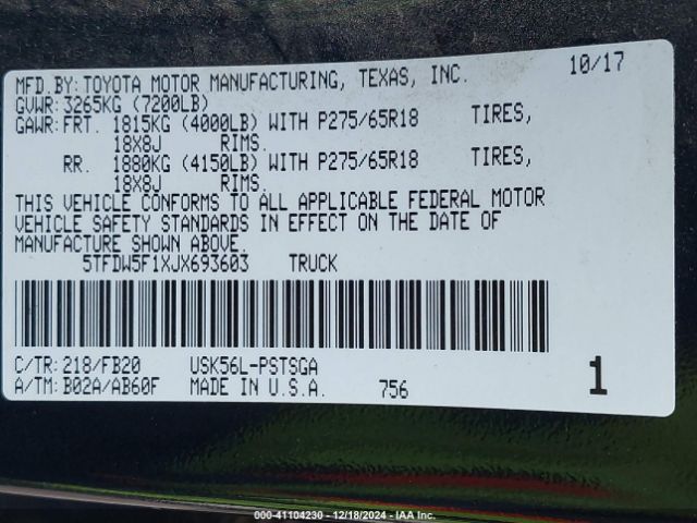 5TFDW5F1XJX693603 Toyota Tundra Sr5 5.7l V8