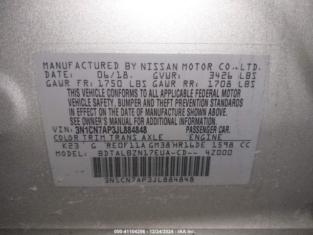 3N1CN7AP3JL884848 Nissan Versa 1.6 Sv