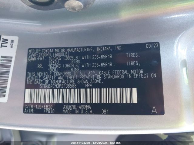 5TDKBRCH3PS136588 Toyota Highlander Hybrid Xle