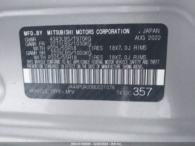 JA4APUAU0NU021076 Mitsubishi Outlander Sport 2.0 Be 2wd/2.0 Es 2wd/2.0 Le 2wd/2.0 S 2wd