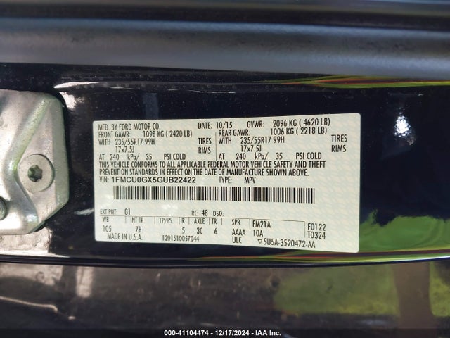 Ford ESCAPE SE 2016 1FMCU0GX5GUB22422 Image 9
