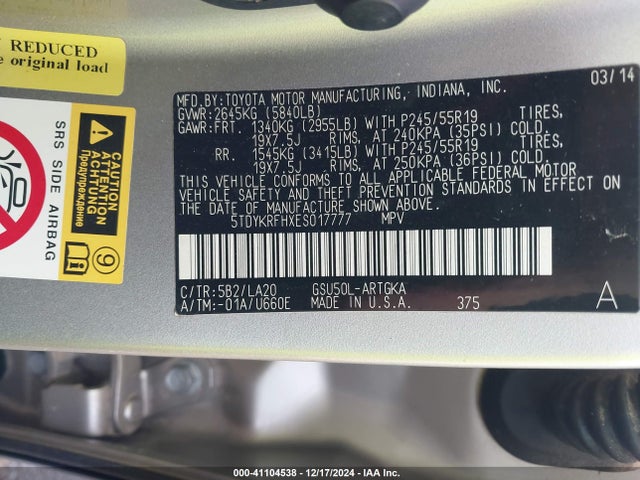 5TDYKRFHXES017777 Toyota Highlander Limited V6