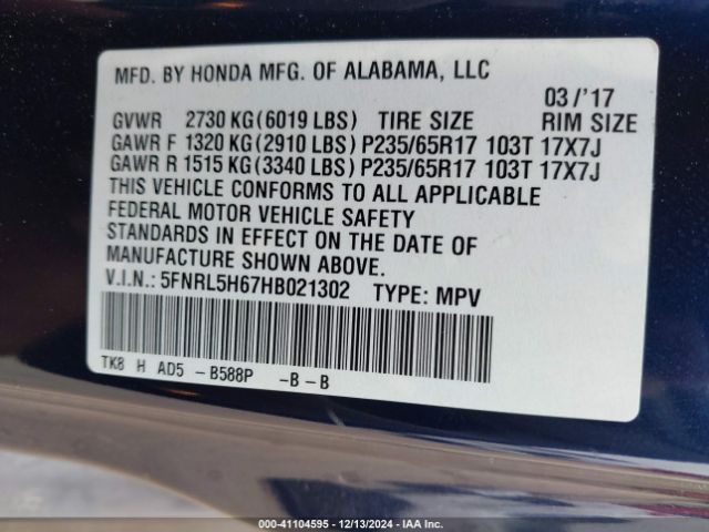 5FNRL5H67HB021302 Honda Odyssey Ex-l