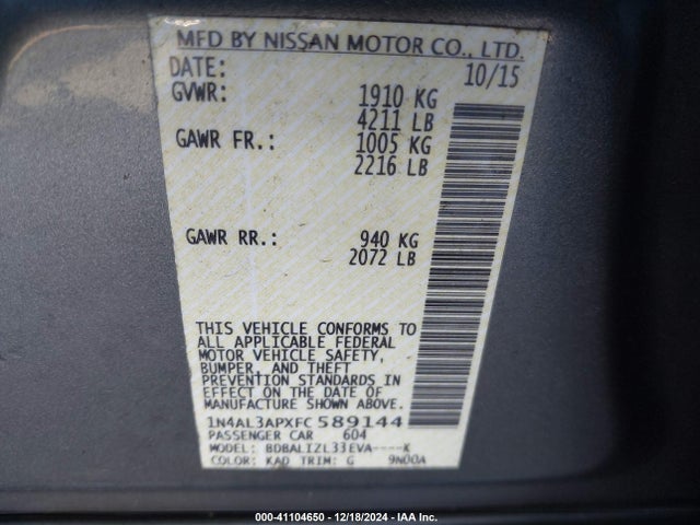 1N4AL3APXFC589144 Nissan Altima 2.5 Sv