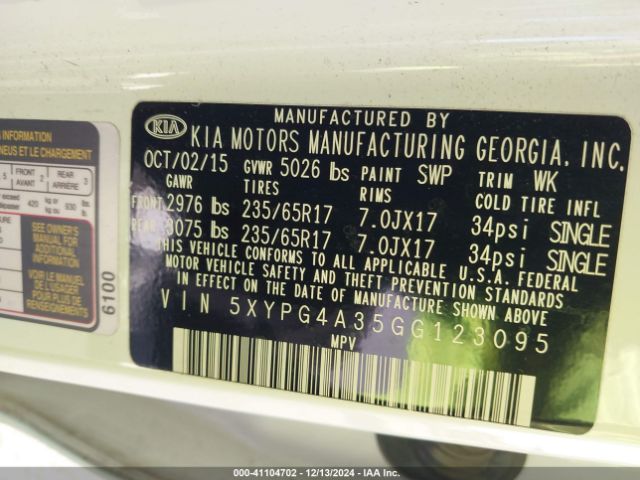5XYPG4A35GG123095 KIA Sorento 2.4l Lx