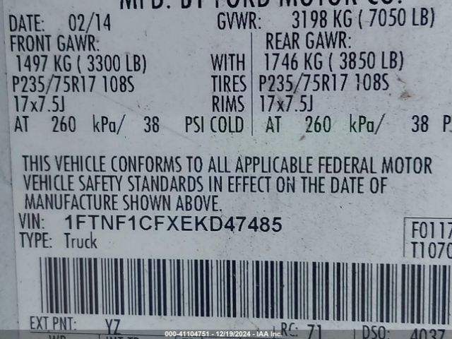 1FTNF1CFXEKD47485 Ford F-150 Xl