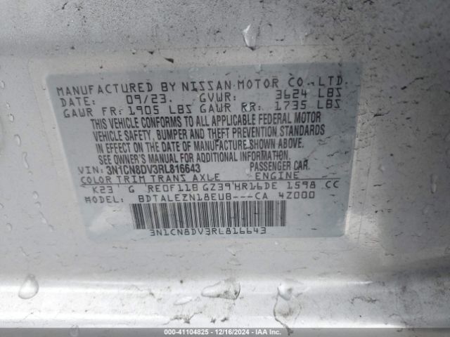 3N1CN8DV3RL816643 Nissan Versa 1.6 S