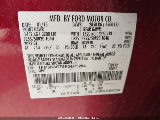 Ford EXPLORER SPORT 2015 1FM5K8GT5FGB73264 Image 9