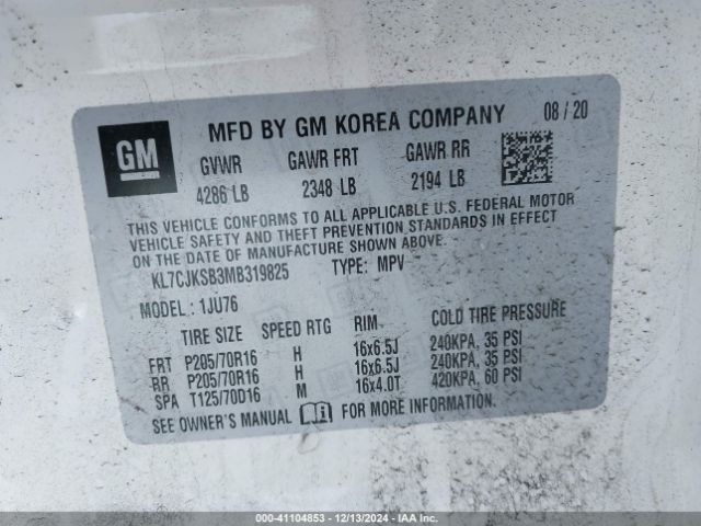 KL7CJKSB3MB319825 Chevrolet Trax Fwd Ls