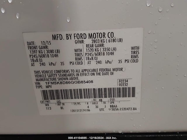 Ford EXPLORER XLT 2016 1FM5K8D86GGB85408 Image 9