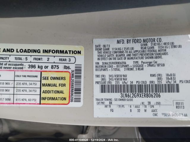 3LN6L2G9XER806206 Lincoln MKZ