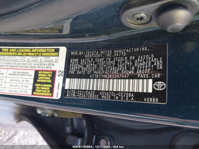 4T1B11HK2KU247447 Toyota CAMRY SE