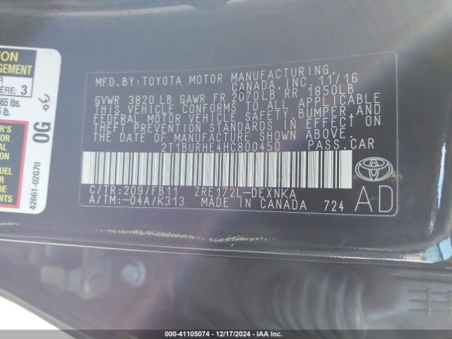 2T1BURHE4HC800450 Toyota Corolla L/le/xle/se/xse
