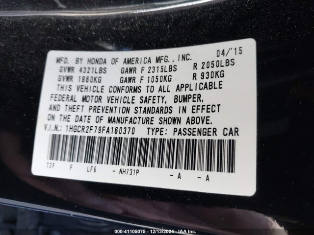 Honda ACCORD EX 2015 1HGCR2F79FA160370 Image 9