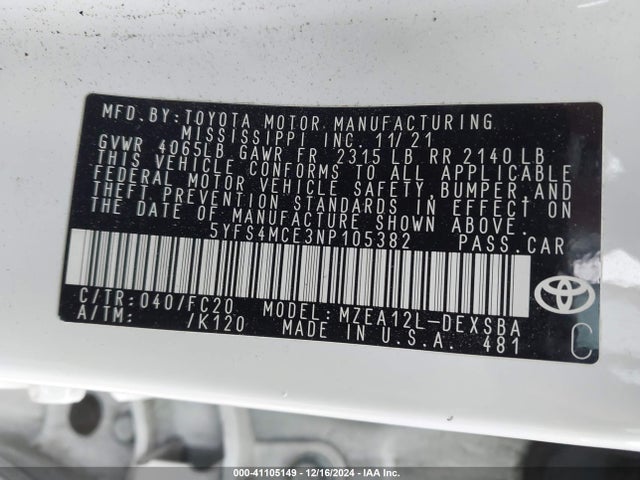 Toyota COROLLA SE 2022 5YFS4MCE3NP105382 Image 9