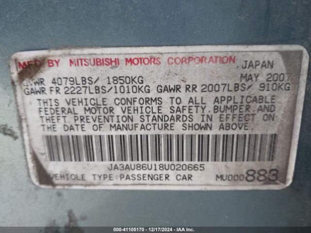 2008 MITSUBISHI LANCER JA3AU86U18U020665 Photo 8