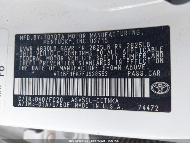 Toyota CAMRY LE 2015 4T1BF1FK7FU928553 Image 9
