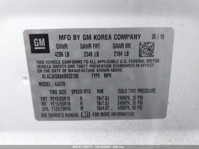 KL4CJASB8KB932785 Buick Encore Fwd Preferred