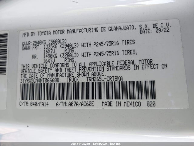 Toyota Tacoma Sr 2022 3TYRX5GN4NT066688 Image 9