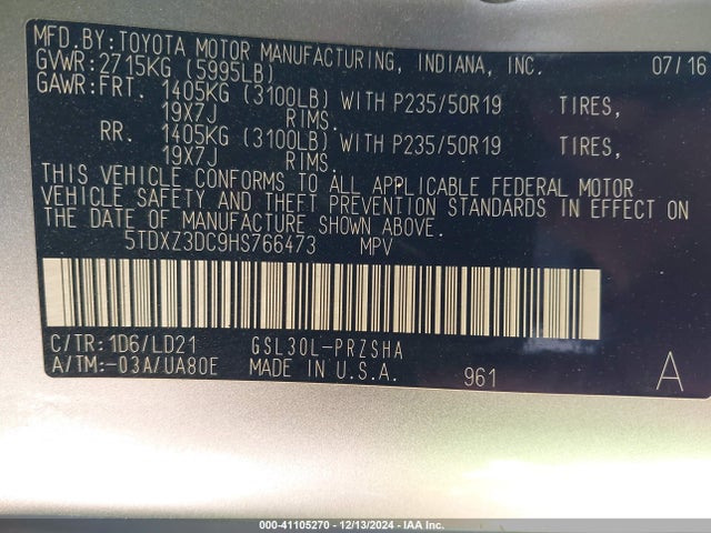 5TDXZ3DC9HS766473 Toyota SIENNA SE