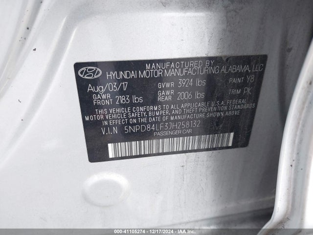 5NPD84LF3JH258132 Hyundai ELANTRA SEL