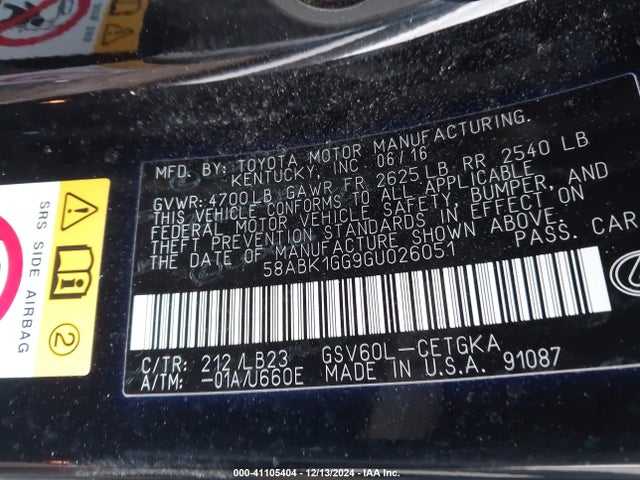 41105404 :رقم المزاد ، 58ABK1GG9GU026051 vin ، 2016 Lexus Es 350 مزاد بيع
