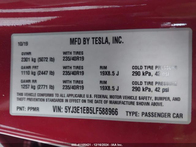 5YJ3E1EB5LF588966 Tesla Model 3 Long Range Dual Motor All-wheel Drive