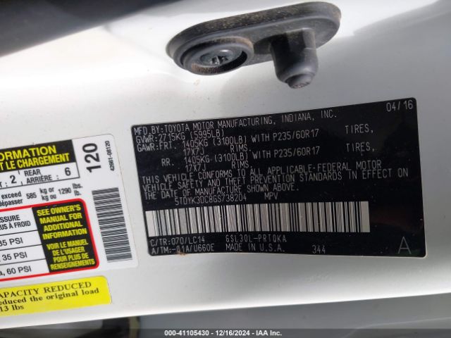 5TDYK3DC8GS738204 Toyota Sienna Xle Premium 8 Passenger