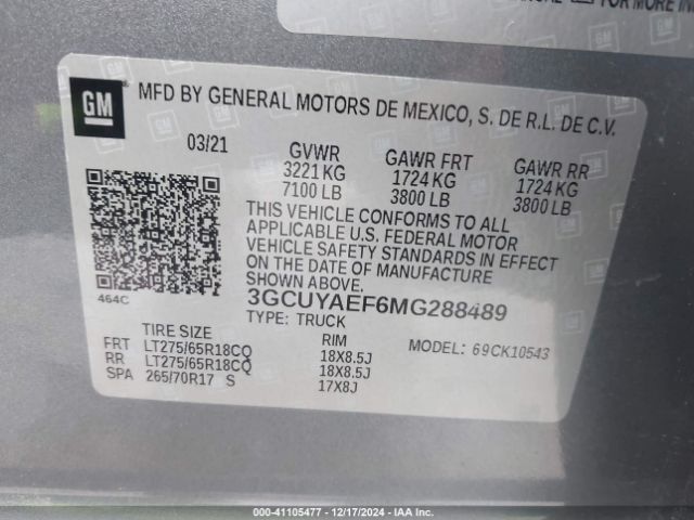 3GCUYAEF6MG288489 Chevrolet Silverado 1500 4wd  Short Bed Wt