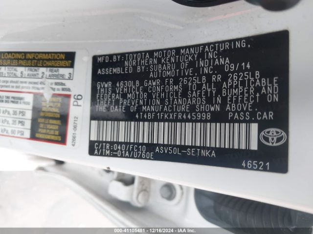 4T4BF1FKXFR445998 Toyota CAMRY LE